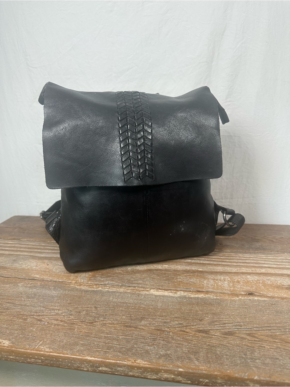 Vilenca Holland Black Genuine Leather Flapover Backpack Purse with Braid Detail